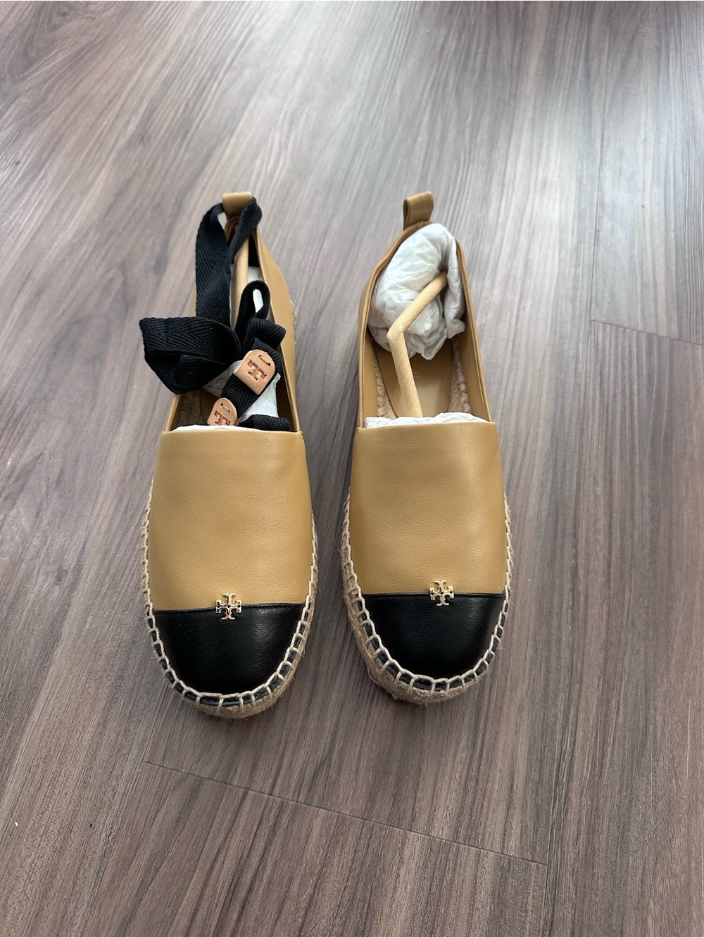 Tory Burch Tan and Black Leather Espadrille Slip-Ons